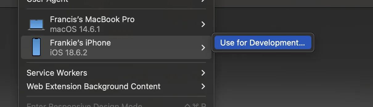 Screenshot of connecting an iPhone using Develop in Safari toolbar