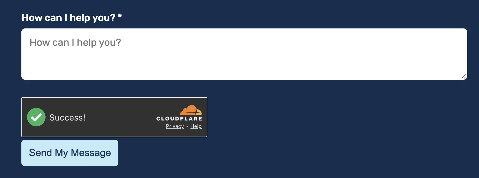 Cloudflare Turnstile widget shown on a contact form